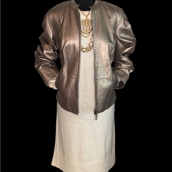 Sigrid Olsen Size L Buttery Soft Lamb Leather Jacket Metalic Champagne Gold Zip - Picture 4 of 11